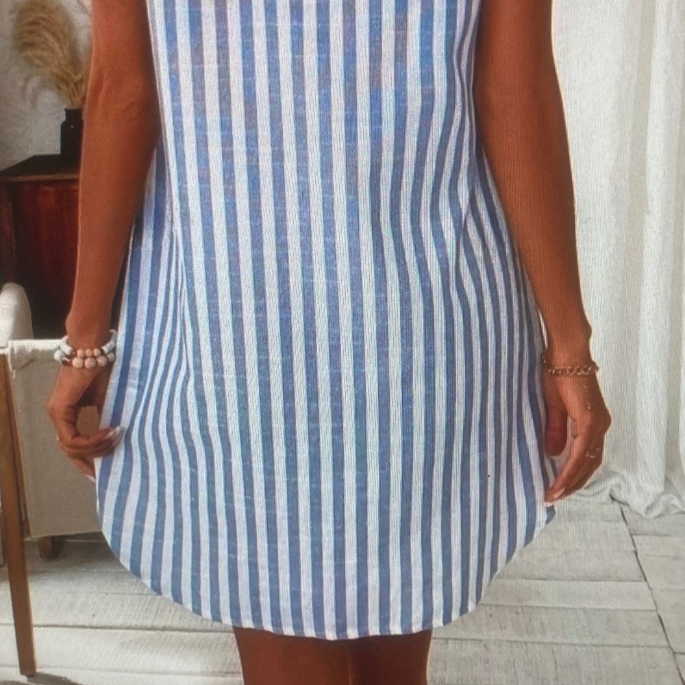 Sleeveless Blue and White Striped Button Henley Dress - Picture 5 of 5
